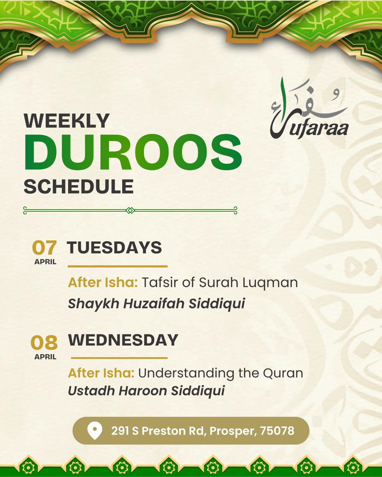 Weekly Duroos Schedule - Understanding the Quran